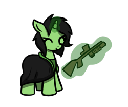 Size: 763x635 | Tagged: safe, artist:neuro, oc, oc only, oc:filly anon, pony, unicorn, clothes, cute, eyes closed, female, filly, foal, glowing, glowing horn, gun stock, horn, levitation, magic, magic aura, magic wand, robes, scope, simple background, smiling, solo, telekinesis, transparent background, unicorn oc