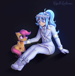 Size: 2800x2840 | Tagged: safe, artist:opal_radiance, scootaloo, oc, oc:opal rosamond, human, pegasus, g4, boots, clothes, female, filly, foal, high res, military, redraw, shoes, uniform, white