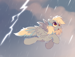 Size: 2100x1600 | Tagged: safe, artist:mirtash, derpy hooves, pegasus, pony, g4, adorable distress, cute, derpabetes, female, flying, lightning, mare, open mouth, rain, solo, storm