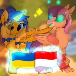 Size: 640x640 | Tagged: safe, artist:natashaukrayina, oc, oc only, hippogriff, pony, duo, indonesia, nation ponies, ponified, ukraine