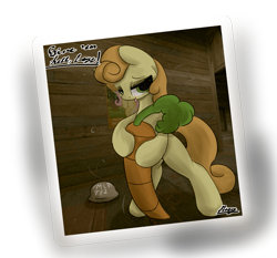 Size: 1551x1445 | Tagged: safe, artist:ricy, carrot top, fluttershy, golden harvest, earth pony, pony, g4, /mlp/ tf2 general, 2fort, bipedal, carrot, food, hat, helmet, herbivore, hoof hold, hooves, postcard, poster, simple background, solo, team fortress 2, text, transparent background