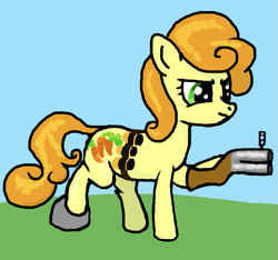 Size: 651x609 | Tagged: safe, carrot top, golden harvest, earth pony, pony, g4, /mlp/ tf2 general, ammunition belt, boots, female, grenade launcher, gun, loch-n-load, mare, shoes, shotgun, solo, weapon