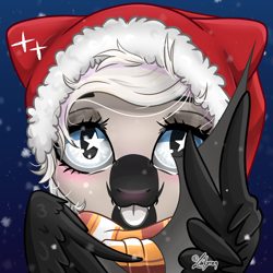 Size: 1748x1748 | Tagged: safe, artist:lailyren, oc, oc only, oc:devilvoice, bat pony, :p, bat pony oc, blushing, bust, christmas, clothes, hat, holiday, looking at you, santa hat, scarf, snow, snowfall, solo, starry eyes, tongue out, wingding eyes