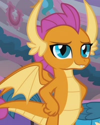 Size: 1504x1872 | Tagged: safe, screencap, gallus, smolder, dragon, griffon, g4, season 9, she's all yak, dragoness, duo, female, hand on hip, happy, male, offscreen character, smiling, teenager