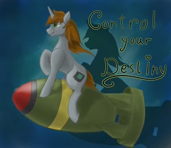 Size: 1500x1300 | Tagged: safe, artist:galaxymike, oc, oc:littlepip, pony, unicorn, fallout equestria, female, mare, missing accessory, nuclear bomb, nuclear weapon, sitting, solo, text, weapon