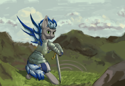 Size: 1280x879 | Tagged: safe, artist:monx94, oc, oc only, oc:alex batovsky, bat pony, pony, armor, full body, knight, looking at you, nature, plate armor, solo, standing, standing on two hooves, sword, weapon