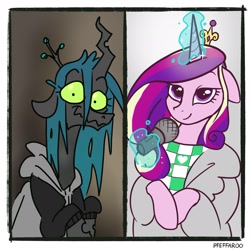 Size: 2048x2048 | Tagged: safe, artist:pfeffaroo, princess cadance, queen chrysalis, alicorn, changeling, changeling queen, pony, g4, clothes, crown, eyelashes, glowing, glowing horn, high res, hoodie, horn, jewelry, magic, magic aura, microphone, regalia, telekinesis