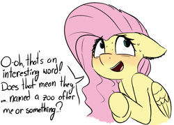 Size: 1285x918 | Tagged: safe, artist:pinkberry, fluttershy, pegasus, pony, g4, blushing, colored sketch, doodle, implied bestiality, implied flutterzoo, implied zoophilia, nervous, nervous sweat, simple background, sketch, solo, sweat, white background