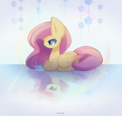 Size: 2000x1900 | Tagged: safe, artist:miryelis, fluttershy, pegasus, pony, g4, big ears, crystal, full body, impossibly large ears, long hair, looking down, mirror, reflection, signature, solo, wings