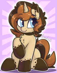 Size: 929x1195 | Tagged: safe, artist:llametsul, oc, oc only, oc:creme cookie, pony, unicorn, chest fluff, choker, ear fluff, female, freckles, horn, looking away, mare, sitting, smiling, solo