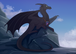 Size: 1600x1143 | Tagged: safe, artist:sunny way, oc, oc only, dragon, black, black dragon, claws, commission, finished commission, guard, horns, male, mountain, princess guard, royal guard, scale, scalie, sky, solo, western dragon, wings