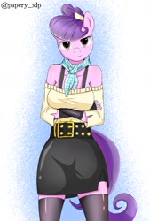 Size: 1036x1531 | Tagged: safe, artist:papery xlp, suri polomare, earth pony, anthro, g4, clothes, crossed arms, female, mare, skirt, socks, solo, thigh highs