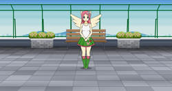 Size: 1131x600 | Tagged: safe, artist:demitronhelgo, fluttershy, human, equestria girls, g4, boots, clothes, female, high heel boots, humanized, kisekae, ponied up, shirt, shoes, skirt, socks, solo, wings
