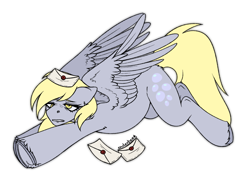 Size: 1995x1441 | Tagged: safe, artist:enderbee, derpy hooves, pegasus, pony, g4, background pony, colored, flat colors, letter, lying down, simple background, sketch, solo, spread wings, white background, wings