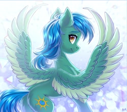 Size: 3000x2636 | Tagged: safe, artist:hakaina, oc, oc only, oc:distant skies, pegasus, pony, abstract background, backlighting, beautiful, blue hair, blue mane, blue tail, butt, chest fluff, colored, colored wings, concave belly, ear fluff, female, green coat, high res, hooves, leg fluff, lighting, looking at you, looking back, looking back at you, mare, pegasus oc, plot, raised hoof, shading, side view, signature, slender, smiling, smiling at you, solo, spine, spread wings, standing, tail, thin, two toned wings, underhoof, unshorn fetlocks, wings, yellow eyes