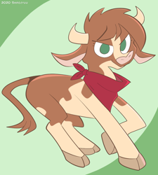Size: 1074x1195 | Tagged: safe, artist:shirojyuu, arizona (tfh), cow, them's fightin' herds, 2020, cloven hooves, community related, female, green background, looking at you, neckerchief, no pupils, simple background, smiling, smiling at you, solo