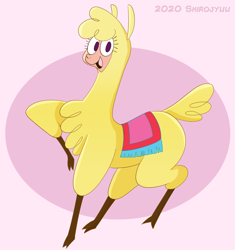 Size: 1240x1317 | Tagged: safe, artist:shirojyuu, paprika (tfh), alpaca, them's fightin' herds, 2020, cloven hooves, community related, female, looking at you, neckerchief, no pupils, open mouth, open smile, pink background, simple background, smiling, smiling at you, solo