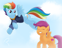 Size: 1380x1080 | Tagged: safe, artist:reinbou, rainbow dash, scootaloo, pegasus, pony, g4, season 9, the last problem, dream, duo, duo female, female, flying, older, older rainbow dash, older scootaloo, sky, small wings, smiling, wings