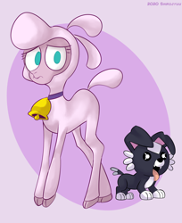 Size: 1754x2148 | Tagged: safe, artist:shirojyuu, pom (tfh), dog, lamb, sheep, them's fightin' herds, 2020, bell, bell collar, cloven hooves, collar, community related, duo, female, frown, looking at you, no pupils, open mouth, pink background, puppy, simple background, tongue out