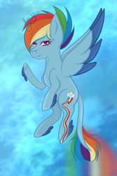 Size: 3600x5400 | Tagged: safe, artist:thecommandermiky, rainbow dash, fly, insect, pegasus, pony, g4, cloud, cloudy, female, flying, long tail, looking at you, mare, redesign, sky, sky background, solo, spread wings, tail, wings