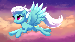 Size: 3840x2160 | Tagged: safe, artist:confetticakez, fleetfoot, pegasus, pony, g4, cloud, cloudy, cute, diafleetes, female, flying, high res, mare, sky, smiling, solo, spread wings, stars, tomboy, windswept mane, wings
