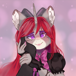 Size: 4000x4000 | Tagged: safe, oc, oc only, oc:selune darkeye, pony, unicorn, anthro, body markings, bow, clothes, coat markings, cute, ear fluff, facial markings, female oc, gloves, goth, hair bow, hand on cheek, happy, horn, hug, in love, looking at you, markings, redhead, smiling, smiling at you, snip (coat marking), unicorn oc, wholesome