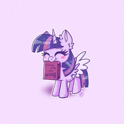 Size: 1280x1280 | Tagged: safe, artist:galaxy swirl, twilight sparkle, alicorn, pony, g4, blush sticker, blushing, book, bookhorse, cute, eyes closed, mouth hold, solo, that pony sure does love books, twiabetes, twilight sparkle (alicorn), upside down