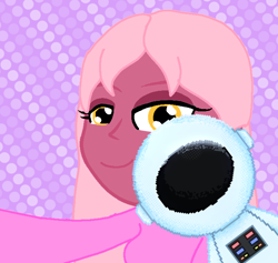 Size: 704x666 | Tagged: safe, artist:rainbowstarcolour262, oc, oc only, oc:taffycoat, human, equestria girls, g4, abstract background, astronaut, clothes, eyeshadow, female, long sleeved shirt, long sleeves, makeup, photobomb, polka dot background, selfie, shirt, solo, taking a photo, yellow eyes