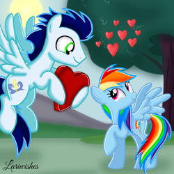 Size: 1400x1400 | Tagged: safe, artist:mlplary6, rainbow dash, soarin', pegasus, pony, g4, boyfriend and girlfriend, female, flying, heart, hearts and hooves day, looking at each other, looking at someone, love, male, mare, ship:soarindash, shipping, smiling, smiling at each other, stallion, straight, sun, tree