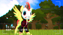 Size: 1920x1080 | Tagged: safe, artist:sky chaser, oc, oc:sky chaser, pegasus, pony, wolf, 3d, camera shot, chromatic aberration, clothes, eyebrows, forest, grass, jacket, looking at you, male, mask, outdoors, recording, solo, source filmmaker, spread wings, standing, timestamp, vhs, wings