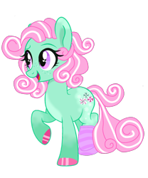 Size: 1224x1472 | Tagged: safe, artist:vernorexia, minty, earth pony, pony, g3, g4, alternate cutie mark, alternate hairstyle, base used, body markings, clothes, colored hooves, curly hair, cute, freckles, g3 to g4, generation leap, gradient legs, happy, mintabetes, pink mane, redesign, short hair, short mane, simple background, snow, snowflake, socks, solo, transparent background, wingding eyes