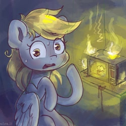 Size: 1200x1200 | Tagged: safe, artist:krista-21, derpy hooves, pegasus, pony, g4, burning, female, fire, food, i just don't know what went wrong, looking at you, mare, microwave, muffin, open mouth, solo, sweat, worried
