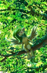 Size: 2001x3100 | Tagged: safe, artist:teaflower300, oc, oc only, pegasus, pony, female, high res, in a tree, mare, scenery, sitting, solo, spread wings, tree, wings