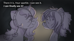Size: 1242x690 | Tagged: safe, anonymous artist, izzy moonbow, sunny starscout, earth pony, pony, unicorn, series:anorexic sunny, g5, anorexia, crying, dialogue, duo, female, looking at each other, looking at someone, mare, skinny, tears of joy, thin