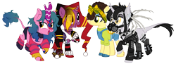 Size: 6551x2379 | Tagged: safe, artist:idkhesoff, artist:kellysweet1, oc, oc only, oc:candy fae, oc:grimm fable, oc:sol shines, alicorn, bat pony, bat pony alicorn, kirin, pegasus, pony, 2023 community collab, derpibooru community collaboration, alicorn oc, arcane, bandana, bat pony oc, bat wings, boots, brazil, chess piece, choker, clothes, corset, dc comics, deaf, ear piercing, earring, eyebrow piercing, eyelashes, eyeshadow, fangs, female, fingerless gloves, fusion, gas mask, gloves, grim reaper, harley quinn, hat, headband, hearing aid, high res, horn, horn ring, jacket, jester hat, jewelry, jinx (league of legends), kirin oc, league of legends, leather, leather jacket, lip piercing, makeup, mare, mask, nation ponies, necklace, nose piercing, nose ring, open mouth, overalls, pants, piercing, ponified, ponysona, raised hoof, raised leg, ring, ripped pants, shirt, shoes, shorts, simple background, socks, solo, spiked choker, spikes, stockings, striped socks, sweater, t-shirt, tattoo, thigh highs, tongue piercing, torn clothes, transparent background, unshorn fetlocks, wall of tags, wing piercing, wings