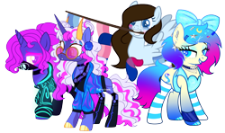 Size: 5093x3008 | Tagged: safe, artist:kb-gamerartist, artist:kurosawakuro, artist:raini-bases, artist:yeetmedownthestairs, oc, oc only, oc:cora, oc:kimi, oc:krissy, oc:starla, demon, demon pony, pegasus, pony, unicorn, 2023 community collab, derpibooru community collaboration, base used, bigender, bigender pride flag, bisexual pride flag, bow, choker, clothes, ear piercing, earring, eyebrow piercing, eyeshadow, face mask, face paint, fangs, female, flag, freckles, glow in the dark, glowing, grin, hair bow, hair over one eye, horns, jacket, jewelry, leather, leather jacket, lip piercing, makeup, mare, markings, mask, mouth hold, multicolored hair, nose piercing, piercing, pride, pride flag, pride month, pride socks, raised hoof, raised leg, simple background, smiling, socks, solo, stockings, striped socks, sunglasses, thigh highs, transparent background, unshorn fetlocks, wall of tags, wristband
