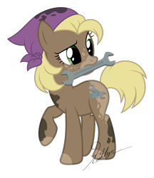 Size: 5000x5791 | Tagged: safe, artist:kaitykat117, oc, oc only, oc:lug nut(kaitykat), earth pony, pony, g4, bandana, base used, blonde, blonde hair, body markings, dirty, freckles, green eyes, holding, mechanic, oil, raised hoof, simple background, solo, transparent background, vector, wrench