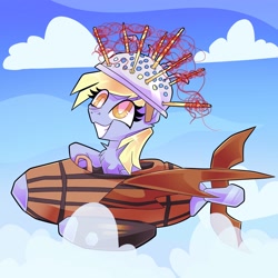 Size: 2048x2048 | Tagged: safe, artist:plushtrapez, derpy hooves, pony, g4, slice of life (episode), cloud, colander, female, flying machine, grin, high res, mare, muffin 1, sky, smiling, solo, white pupils