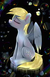 Size: 1665x2556 | Tagged: safe, artist:darksly, derpy hooves, pegasus, pony, blushing, bubble, cute, derpabetes, eyes closed, female, mare, sitting, solo