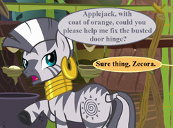Size: 972x720 | Tagged: safe, edit, edited screencap, editor:korora, screencap, zecora, g4, it isn't the mane thing about you, butt, cauldron, cropped, dialogue, ear piercing, earring, implied applejack, jewelry, necklace, offscreen character, piercing, plot, speech bubble, zecora's hut, zecorass
