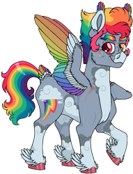 Size: 823x1077 | Tagged: safe, artist:possumtots, rainbow dash, pegasus, pony, g4, alternate design, cloud pattern, coat markings, colored ears, colored hooves, colored wings, feathered ears, feathered fetlocks, female, freckles, heterochromia, mare, multicolored wings, older, older rainbow dash, pale belly, rainbow eyebrows, rainbow wings, raised hoof, redesign, scar, simple background, solo, tail, tail feathers, transparent background, wings