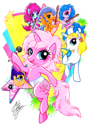 Size: 827x1169 | Tagged: safe, artist:marco albiero, earth pony, pegasus, pony, aja leith, female, guitar, hoof hold, jem, jem and the holograms, jerrica benton, keytar, kimber benton, male, microphone, musical instrument, ponified, rio pacheco, shana elmsford, simple background, sunglasses, white background