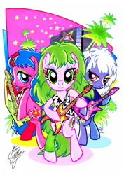 Size: 827x1169 | Tagged: safe, artist:marco albiero, earth pony, pony, bipedal, female, guitar, jem and the holograms, musical instrument, pizzazz, ponified, roxy (jem and the holograms), simple background, stormer, the misfits, trio, white background