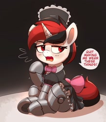 Size: 2014x2319 | Tagged: safe, artist:pabbley, oc, oc only, oc:blackjack, cyborg, cyborg pony, pony, unicorn, fallout equestria, fallout equestria: project horizons, amputee, clothes, cute, cybernetic legs, fanfic art, female, high res, maid, maid headdress, mare, prosthetic leg, prosthetic limb, prosthetics, simple background, solo