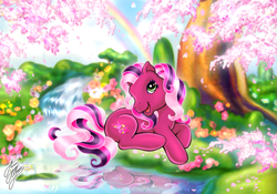 Size: 1181x827 | Tagged: safe, artist:marco albiero, cherry blossom (g3), pony, g3, female, flower, rainbow, smiling, solo, tree, under the tree, water