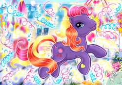 Size: 1142x800 | Tagged: safe, artist:marco albiero, round 'n round, pony, g3, beach, confetti, solo, streamers, surfboard