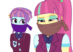 Size: 1301x929 | Tagged: safe, artist:robukun, sour sweet, sunny flare, human, equestria girls, g4, cloth gag, duo, duo female, female, gag, scared, simple background, sour sweet is not amused, tied up, transparent background, unamused, unimpressed
