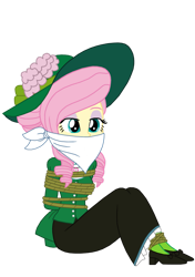 Size: 751x1064 | Tagged: safe, artist:robukun, fluttershy, human, equestria girls, g4, background removed, bondage, bound and gagged, cloth gag, full body, gag, hat, rope, ropes, simple background, solo, tied up, transparent background, western