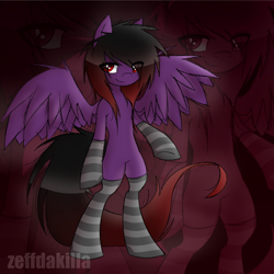 Size: 2000x2000 | Tagged: safe, artist:zeffdakilla, oc, oc only, oc:frankie fang, pegasus, pony, semi-anthro, abstract background, arm hooves, belly, bipedal, clothes, emo, high res, long mane, looking sideways, raised hoof, scene, scene kid, smiling, smirk, socks, solo, spread wings, standing, striped socks, wings, zoom layer