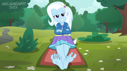 Size: 1280x720 | Tagged: safe, alternate version, artist:metalhead97, trixie, equestria girls, barefoot, bedroom eyes, clothes, crossed arms, crossed legs, dress, feet, female, fetish, foot fetish, foot focus, legs, looking at you, park, presenting, show accurate, sitting, skirt, smiling, smiling at you, sweater, wiggling toes